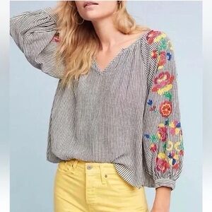 Anthropologie Floreat Embroidered Tassel Top Striped Boho XS
